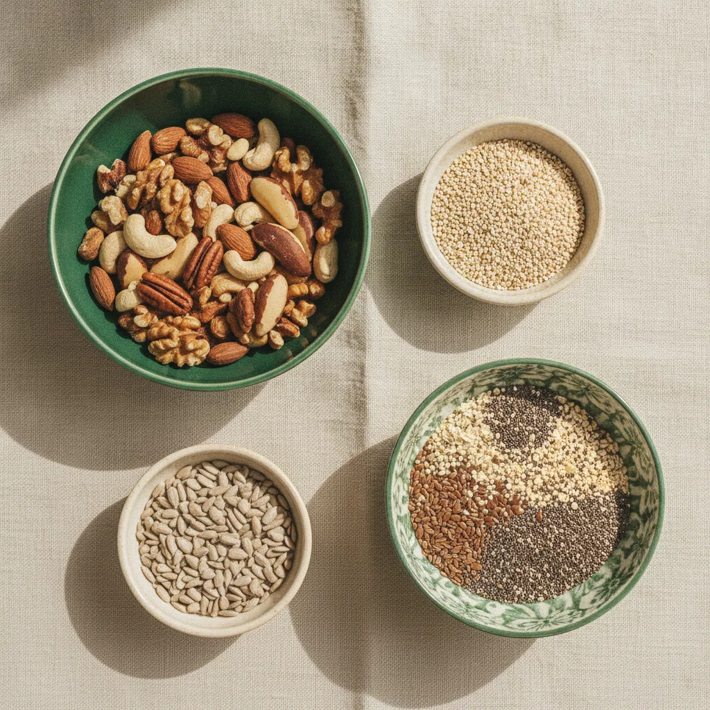 Assorted nuts, seeds and wholegrains in ceramic bowls - natural sources of B vitamins
